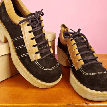 Deadstock 60s mod shoes. Brown on brown. Lace-up block heel. By Miss America (5M) 