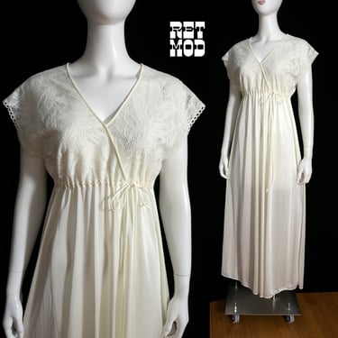 Lovely Vintage 70s 80s Off-White Soft Leaves Lace Long Nightgown 