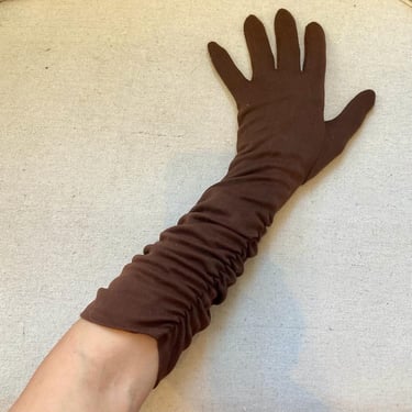 Vintage 40s 50s Brown GLOVES / ELBOW Length / Ruched 