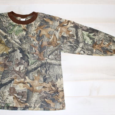 Vintage 90s Camo Shirt, Hunting T Shirt, Camouflage Shirt, Leaves Real Tree Print, Deer, Single Stitch, Long Sleeve 