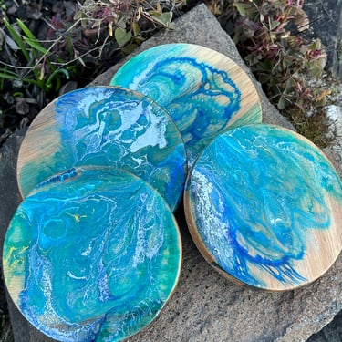 Coasters Blue Resin Ocean Earth Abstract Solid Wood 