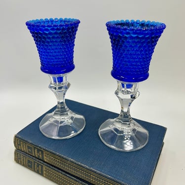 Vintage Blue Glass Votive Tealight Candle Holders, Set of 2 (Candlesticks NFS), Hobnail, Thousand Eye Pattern, Cobalt Blue Glass 