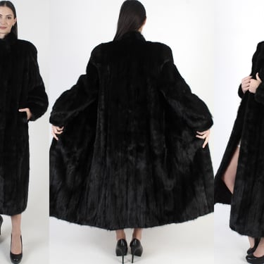 Full Length Ranch Mink Coat, Darkest Espresso Black Jacket, Vintage Real Fur Overcoat 