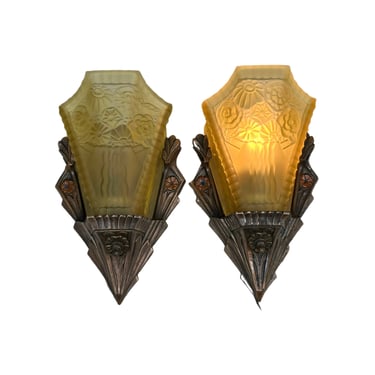 Pair Art Deco Wall Sconces with Amber Shades and Original Finish #2336 