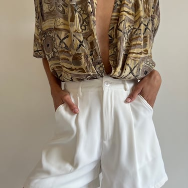 Vintage Oat Printed Silk Short Sleeve Blouse