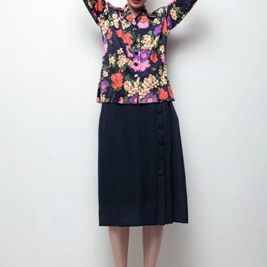 vintage 70s 2-piece skirt & blouse top set navy floral long sleeve LARGE L 