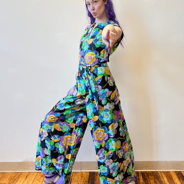 70’s Psychedelic Hawaiian Floral Palazzo Pant Polished Cotton Jumpsuit