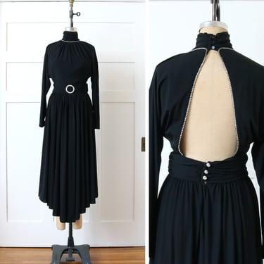 vintage 1980s backless black dress • rhinestone draped nylon jersey dolman sleeve dress 
