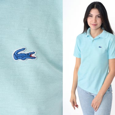 Baby Blue Lacoste Polo 90s Izod Collared Shirt Crocodile Short Sleeve Top Retro Plain Preppy Half Button Up Vintage 1990s Extra Small xs 