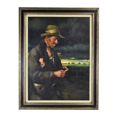 1943 Oil Painting Man in Torn Clothing Reading Paper signed 