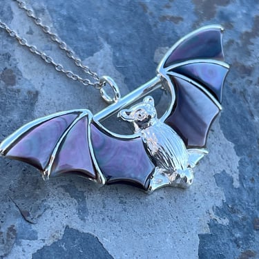 Vintage Sterling Silver and Mother of Pearl Bat Pendant Necklace 