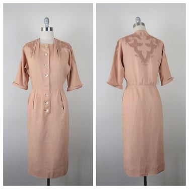 Vintage 1950s dress, embroidered, Moygashel linen, Irish linen, shirwaist, wiggle, size medium 