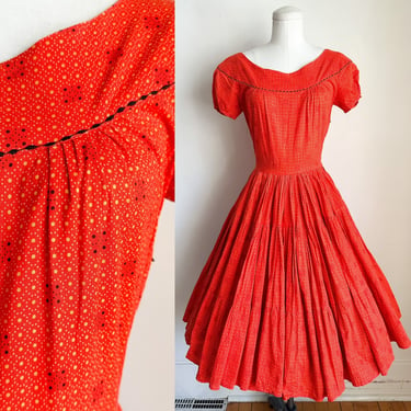 Vintage 1940s Red Patterned Swing Dress / XS 