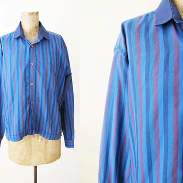 Vintage 70s Blue Striped Button Up S - 1970s Pajama Long Sleeve Top - Cotton Collared Multicolor Stripe Blouse 