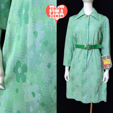 Deadstock Vintage 70s Light Green Flower Power Poly Collared Dress with Zip Front 