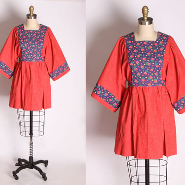 1960s Red and Blue Chambray Denim Look Hippie Bohemian Cottagecore Oversized Sleeve Mini Dress -M 