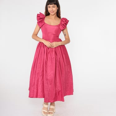 80s Pink Taffeta Gown Ruffle Flutter Sleeve Prom Dress Vintage Basque Waist Maxi Formal Dress Evening Scoop Neck Fuchsia Small 4 