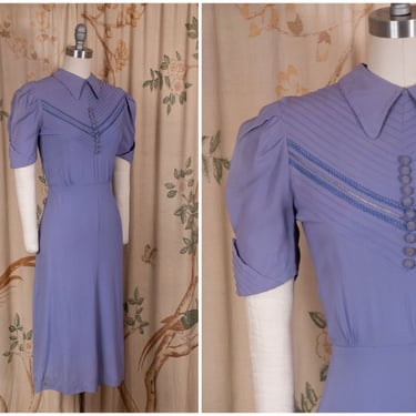 1930s Dress - Sweet Vintage 30s Puff Sleeve Day Dress in Periwinkle with Self-Fabric Buttons and Chevron Pin Tucks 
