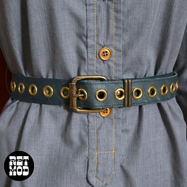 Vintage 70s Dusty Blue Leather Belt with Gold Grommets 