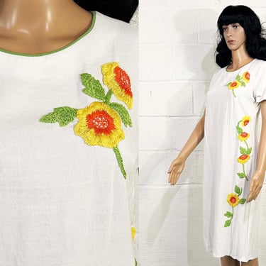 Vintage Embroidered Dress White Orange Green Floral 1960s Short Sleeve Shift Linen Mod Amy Adams 60s Small Medium 