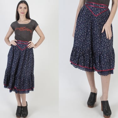 Vintage Gunne Sax Skirt, Calico Floral Print, Jessica McClintock Midi, Hip Poickets 