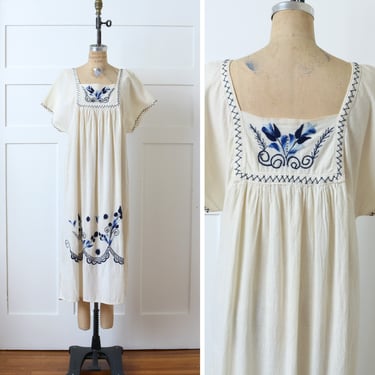 vintage embroidered boho kaftan dress • Mexican hand embroidery cotton summer day dress in blues & ivory 