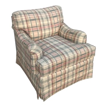 Ethan Allen Traditional Skirted Lounge Chair in Light Pink Plaid 