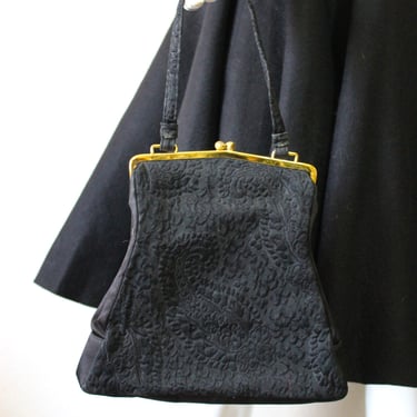 Vintage 1950s Koret Black Paisley Cut Velvet SILK Evening Bag Purse Retro Art Deco Art Nuevo Style volup pinup 