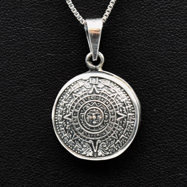 80's Mexico 925 silver Mayan calendar disc pendant, dimensional MP-117? sterling box chain tribal necklace 