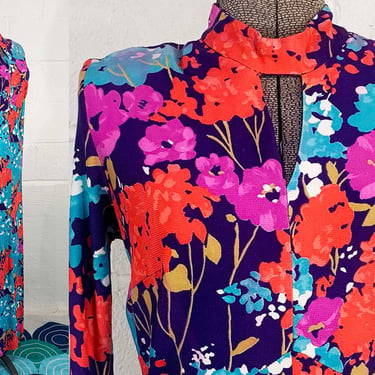 Vintage Mod Maxi Dress Blue Floral Print Pink Purple Hostess Gown Prom Wedding Holiday Cocktail Party Twiggy Long Sleeves Medium 1960s 60s 