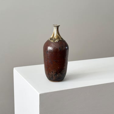 1960s – Mid-Century Studio Pottery Weed Pot - Speckled Brown Stoneware Bottle Vase 