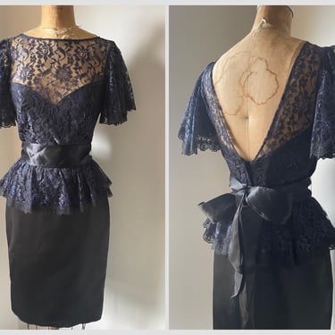 Vintage Gunne Sax Jessica McClintock black & blue lace dress | lace peplum, satin pencil skirt, 7 juniors XS 