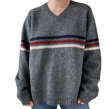 Vintage Mens J Crew 100% Wool Gray Striped Preppy V Neck Sweater XL 