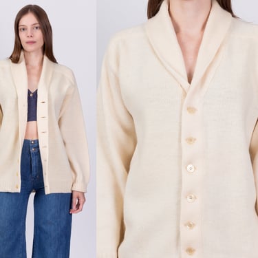 70s Cream Wool Shawl Collar Cardigan - Men's Medium | Vintage Button Up V Neck Grandpa Sweater 