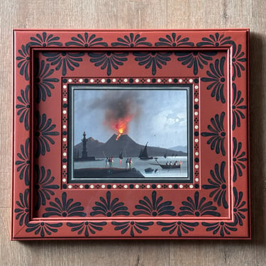 Small 19th C. Italian Gouache of the View of Vesuvius Circa 1830  in Gusto Painted Frame and Mat