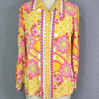1070s - Mod - Op Art - Yellow Pink - Blouse - by Pykette - Estimated size XL 12/14 