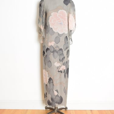 vintage 80s dress HANAE MORI gray pink silk floral Asian print flutter maxi gown S clothing 