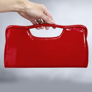 VINTAGE 50s 60s Candy Apple Red Patent Clutch Purse | 1950s 1960s Structured Mid Century Modern Handbag | vfg 