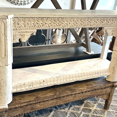 Beautiful Hand Carved Antiqued White Teak Console Table with Shelf from Terra Nova Designs Los Angeles 