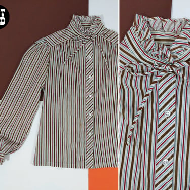 Lovely Vintage 70s White Brown Dark Red Teal Stripe Long Sleeve Blouse with Ruffle Collar 