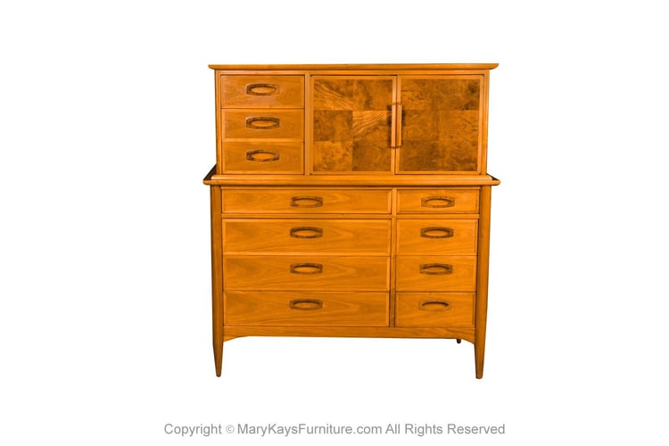 Mid Century Tall Dresser Gentleman’s Chest Heritage Walnut Burl Mary