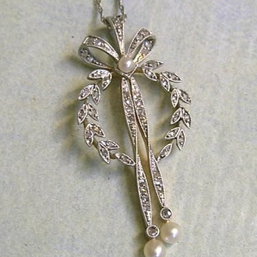 Antique French 14K White Gold, Diamond and Pearl Edwardian Lavaliere Necklace, 14k  French Lavaliere Pendant, Bridal Jewelry (#4523) 