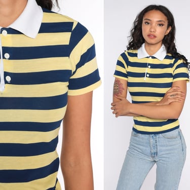 80s Polo Shirt Yellow Blue Striped Shirt Half Button Up Shirt Retro Tshirt Collared 1980s Nerd Geek Vintage Short Sleeve Extra Small xs 0 