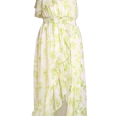 Misa - Green & Ivory Floral One Shoulder Ruffle Dress Sz S