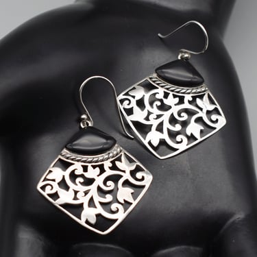 90's 925 silver black onyx lacy CFJ vine dangles, Sharon Evans sterling kite shaped boho earrings 