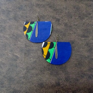 Large African print earrings, Ankara earrings, wood earrings, bold statement earrings, Afrocentric earrings, huge batik earrings, blue 2 