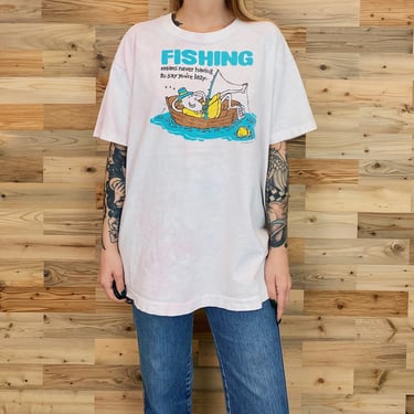 90's Vintage Funny Fishing Means Never Having To Say You're Lazy Tee Shirt 