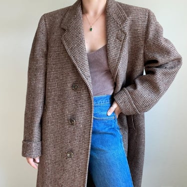 Vintage 1970s British Checkered Brown Tweed 100% Wool Trench Coat 3 Button Sz L 
