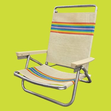 Vintage Beach Chair Retro 1990s Coastal + Rainbow Stripe Fabric + Aluminum Frame + Adjustable Chaise Back + Lays Flat + Fold Up + Seating 