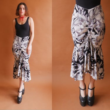 Vintage 80s Norma Kamali Floral Mermaid Hem Skirt/ 1980s High Waisted Gathered Midi Skirt/ Size Small Medium 27 